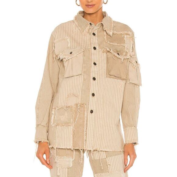 SER.O.YA Kara Beige Stripe Patchwork Oversized Shirt Size XS - Picture 2 of 9